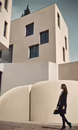 a woman in a black dress walks past a large building