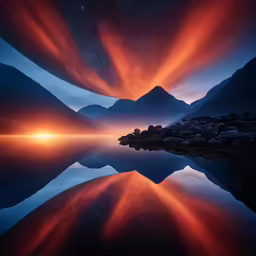 red sunset lights up the sky above mountains