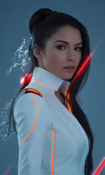 a woman posing with some orange lights on her arm