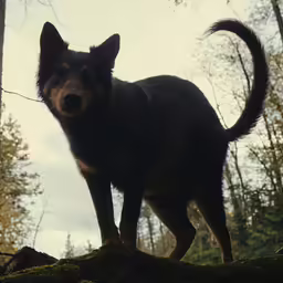 a dog standing on top of a moss covered hillside
