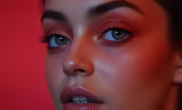 a woman with red make - up on her face
