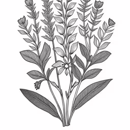 black and white photo of herbs in pencil,some kind of plant with leaves on it,an engraving of a plant with flowers on the stems,a sketch of plants that are growing in a pot,a drawing of some flowers on a white background