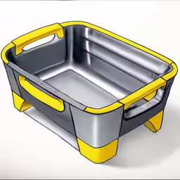 the drawing is of a rectangular, yellow and silver plastic box