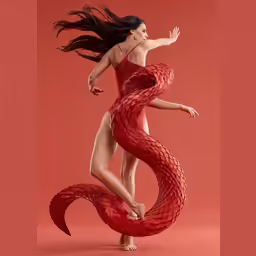 a woman in red posing with a snake tail