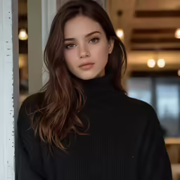 a close up of a person wearing a turtle neck