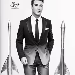 a man in a suit standing in front of four rockets
