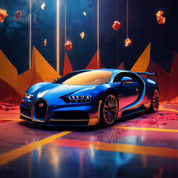 a bugatti on a street with colorful lights,a bugatti in front of colorful lights