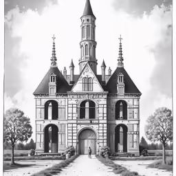 an old illustration of a church by the water
