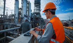 two workers in orange vests are using electronic equipment