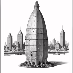 a strange structure near the beach with a city skyline in the background