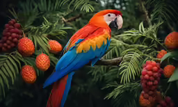 a red, orange and blue macaw sitting on top of a tree