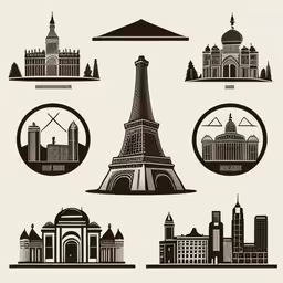 a group of icons depicting paris landmarks,a bunch of architectural landmarks with big ben in the background