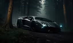 a car is shown in a dark, foggy forest