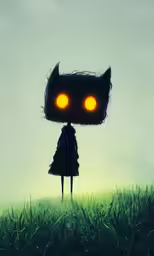 a girl standing in the grass with an illuminated object head in her hands