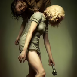two women, one with blonde hair, are standing in the air and holding onto a gun