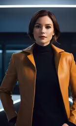 a woman wearing a tan jacket is standing