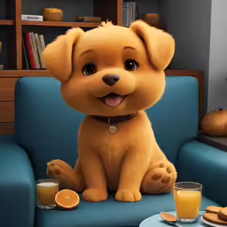 there is a cartoon dog that is on the couch with orange juice