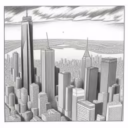 a drawing with the skyline in the background,pencil drawing of cityscape by steve strick