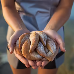 hands are holding a pile of bread