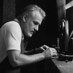 man using a machine on a wooden table