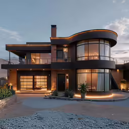 an unusual home that is lit up on the night