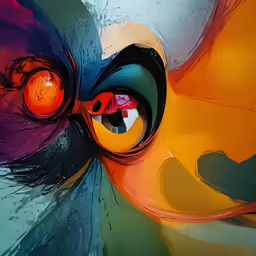 an abstract painting with a unique red eye