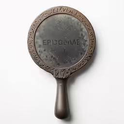 an old, dirty, brown, metal plate mirror with the words epro - cume on it