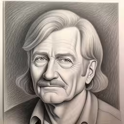 drawing art of albert from the television show the office,a man with long hair wearing a gray sweater,a man with white hair and beards and an expression on his face,a man with long hair and an mustache looks like he has been painted in graph,a drawing of albert mc mclellann