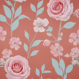 a closeup of a red wall with several pink flowers and leaves on it