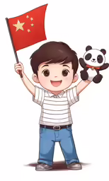 a boy is holding a flag and a panda bear