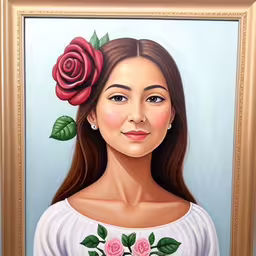 an image of a painting of a woman,an image of a woman with a rose in her hair