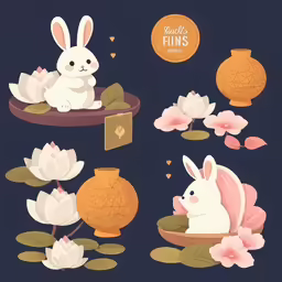 three rabbits in a basket surrounded by flowers