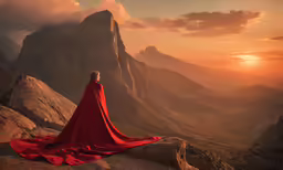 a person in a red cape overlooking the mountains