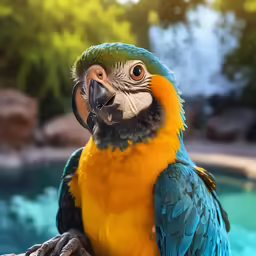 the parrot is sitting on the tree branch in front of the pool