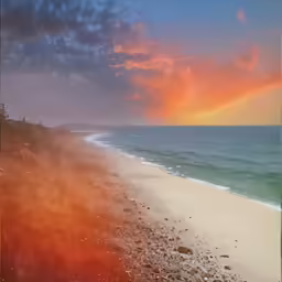 the clouds are rising on the shore near the water
