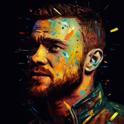 the man has been covered in paint and is looking up