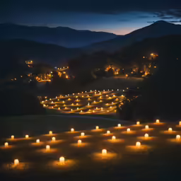 many lit candles are placed on a hill