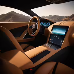 the interior of a car with a tablet screen showing a dashboard