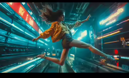 the girl is flying over a train station