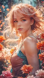a girl with red hair in the middle of flowers,a woman is posing in a field of flowers