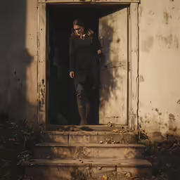a woman standing in the doorway of an abandoned building