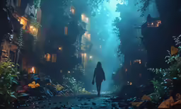 woman walking into nighttime city in cold climate