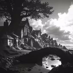 a black and white photograph of houses that is overlooking a body of water