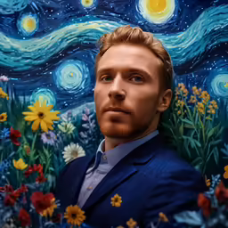 a painting of a man in a blue suit surrounded by wildflowers