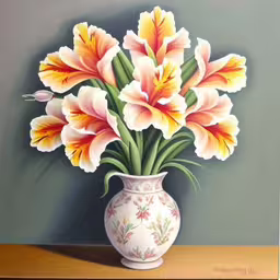 flowers in a vase sitting on a table,painting of flowers in a vase on a table,a painting of flowers in a vase,an oil painting of flowers on a table,an oil painting of flowers in a white vase