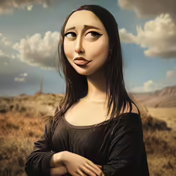 a fake woman standing in a desert with her eyes open