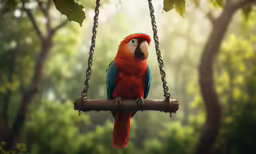 colorful parrot perched on branch hanging in tree