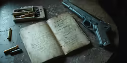 an old book with writing is next to an automatic rifle
