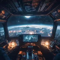 inside a space station with a computer screen showing an incredible view of the earth