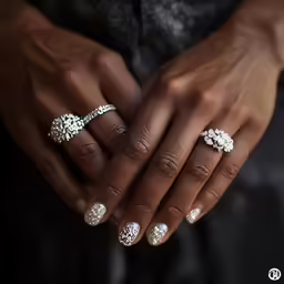 a close up photo of a person holding two different engagement rings